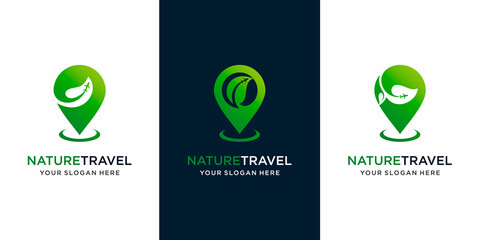 set of map natural travel ,combination leaf and airplane . logo design icon template Premium Vector