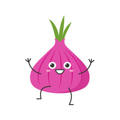 Red sweet onion cute character cartoon emotions joy happy smile face icon beautiful vector children's illustration.