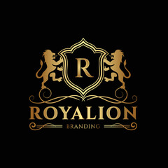 Luxury logo template design with lion vector illustration, emblem heraldry line style logo