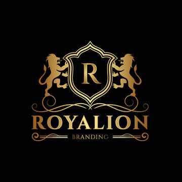 Luxury logo template design with lion vector illustration, emblem heraldry line style logo