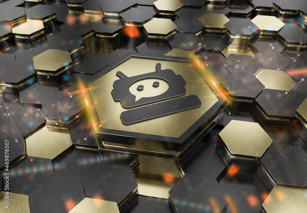 Aufkleber Chatbot icon concept engraved on gold hexagonal pedestral background. Chat bot assistance logo glowing on abstract digital surface. 3d rendering