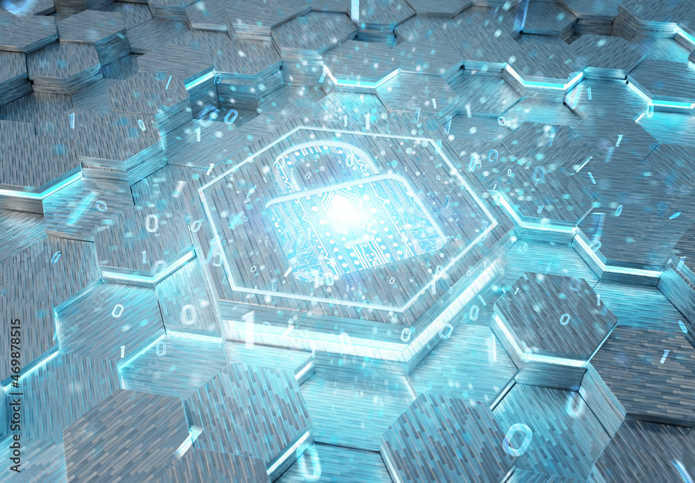 Leinwandbilder web security icon concept engraved on metal hexagonal pedestral background. padlock logo glowing on 