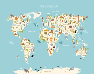 Impression. Carte du monde avec des animaux et des monuments architecturaux pour les enfants. Eurasie, Afrique, Amérique du Sud, Amérique du Nord, Australie. Animaux de dessin animé.