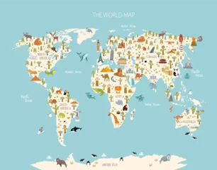 Keuken spatwand met foto Afdrukken. Wereldkaart met dieren en architectonische bezienswaardigheden voor kinderen. Eurazië, Afrika, Zuid-Amerika, Noord-Amerika, Australië. Tekenfilm dieren. © olga