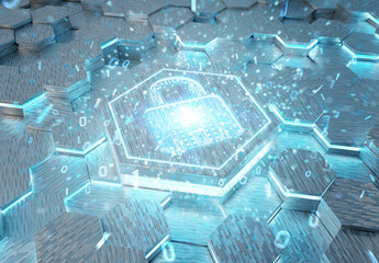 Web security icon concept engraved on metal hexagonal pedestral background. Padlock Logo glowing on abstract digital surface. 3d rendering
