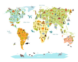Print. World map with animals and architectural landmarks for kids. Eurasia, Africa, South America, North America, Australia. Cartoon animals.