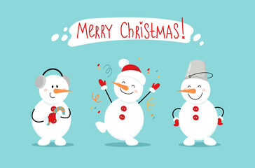 Merry Christmas! Cheerful cute snowmen for greeting card, banner, poster. Vector cartoon illustration in flat style.