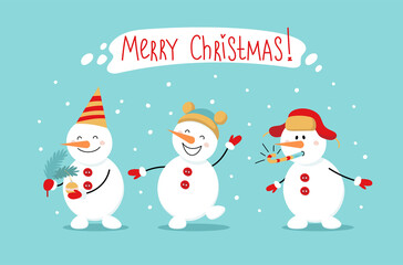 Merry Christmas! Cheerful cute snowmen for greeting card, banner, poster. Vector cartoon illustration in flat style.