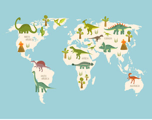 Print. World map with dinosaurs. Dino world map. Cartoon dinosaurs. - 469878950
