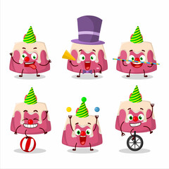 Cartoon character of strawberry pudding cake with various circus shows