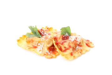 Delicious ravioli isolated on white background, close up