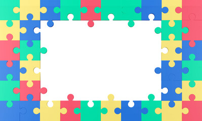 Colorful puzzle composition on white background. 3D render illustration. Clipping path of each element included.