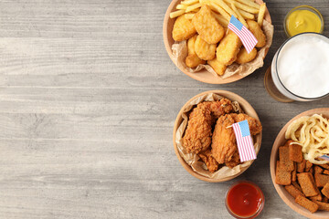 Concept of Super bowl snacks on gray wooden  background