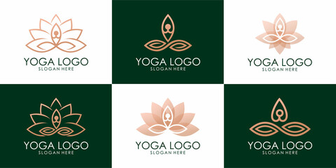 set of Golden yoga human combined lotus logo. Premium Vector