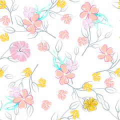 Pink Flowers Blooming Pattern. Pastel Watercolor.