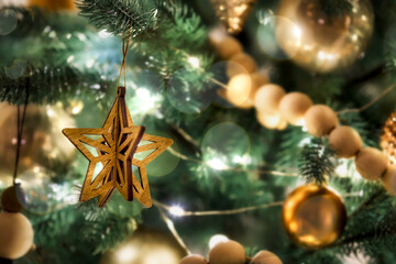 Obraz na płótnie Canvas Christmas background. Xmas tree with toys and baubles close up