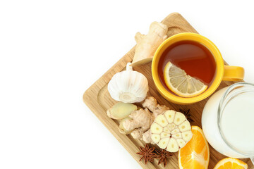 Concept of treatment colds with honey and garlic isolated on white background
