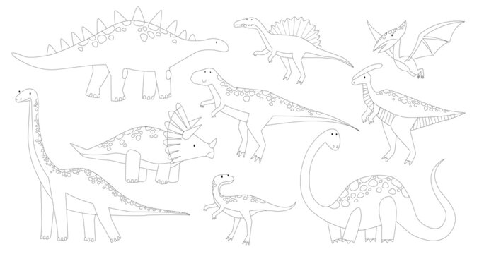 Print. Dinosaur coloring page. Outline drawing of dinosaurs. Jurassic period. Paleontology.