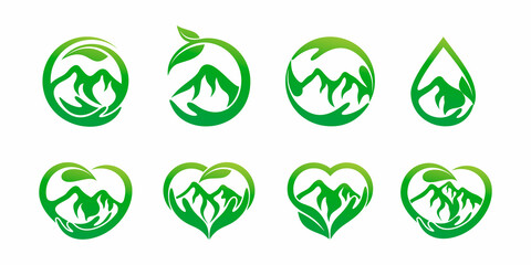 natural mountain care logo icon set. with a combination of hands and mountain. logo Premium Vector