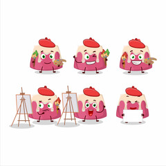 Artistic Artist of strawberry pudding cake cartoon character painting with a brush