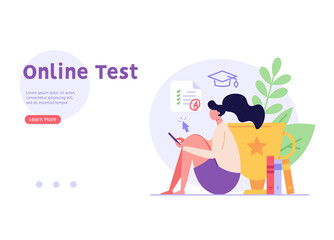 Woman taking university exam remotely and temporarily. Student writing test. Concept of online exam, online survey, testing, e-learning. Vector illustration in flat design for UI, banner, mobile app