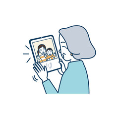 祖母、おばあちゃん、高齢者、高齢女性、女性、孫、孫娘、子供、児童、女の子、男の子、幼児、ビデオ電話、ビデオ通話、タブレット、インターネット、オンライン、面会、笑顔、楽しい、親しい、幸せ、家族、親戚、manga、イラスト、線画、ベクター、isolated
