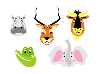 Animal heads. Wildlife animals: hippo, antelope, wildebeest, elephant, crocodile. Childrens cartoon illustration