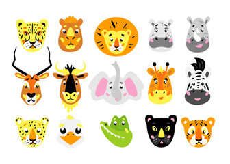 Cute african animals. Wildlife animal heads. Cartoon vector illustration for kids. Educational material for children