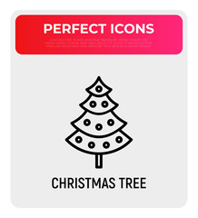 Fototapeta na wymiar Christmas tree with decoration thin line icon. Modern vector illustration.