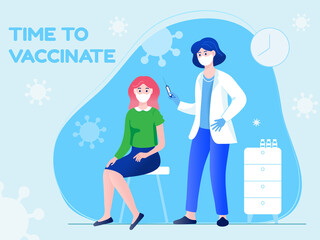 A nurse gives a vaccine to a young woman. Vaccination in the arm. Vector illustration concept of vaccination for adults. 