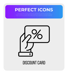Discount card with percentage sign in hand. Loyalty program, sale, coupon. Modern vector illustration.