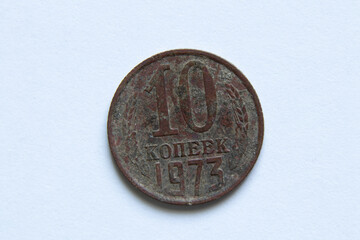 old coins of the ussr in denomination of 10 kopecks on a white background, 10 kopecks in 1973, old coins of the ussr, coin - obrazy, fototapety, plakaty