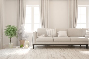 White living room with sofa. Scandinavian interior design. 3D illustration