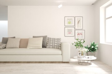 White living room with sofa. Scandinavian interior design. 3D illustration