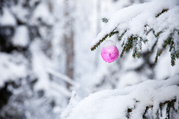Christmas bauble on snowy Christmas tree - 469883748