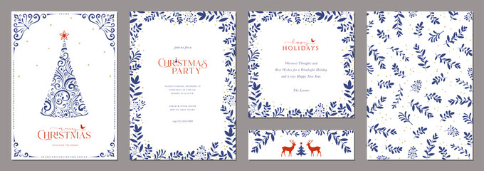Corporate Holiday cards with Christmas tree, reindeers, birds, ornate floral frames, background and copy space. Universal artistic templates.