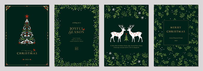 Luxury Corporate Holiday cards with ornate Christmas tree, reindeers, bird, decorative floral frames, background and copy space. Universal artistic templates.
