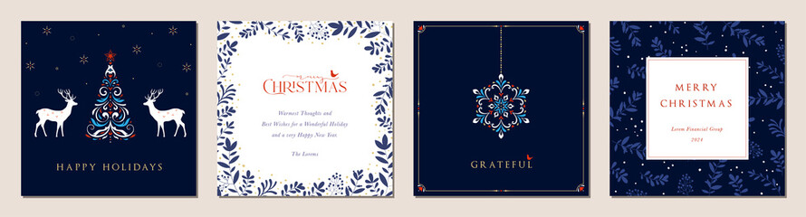 Merry and Bright Square Holiday cards. Christmas, Holiday templates with decorative Christmas ornament, snowflakes, Christmas tree, reindeers, birds, floral background, frames with greetings.