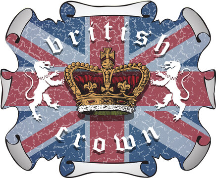 vector image of crown monarch on the background of the British flag with lions in the style of a heraldic