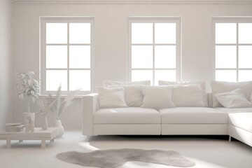 Mock up of stylish room in white color with sofa. Scandinavian interior design. 3D illustration