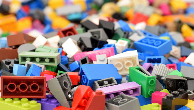 Lego popular trademark colorful plastic bricks background Editorial illustrative image of different children construction toys.