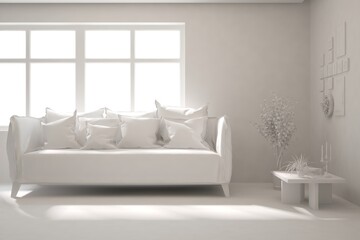 White minimalist living room with sofa. Scandinavian interior design. 3D illustration