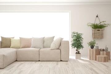 White living room with sofa. Scandinavian interior design. 3D illustration