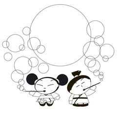 Cute asian girl and boy making bubbles in black and white laconic style
