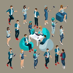 Isometrics set of vector characters in different poses, 3d teenagers, modern girls and guys in jeans clothes, doing different actions. Set of people for Vector