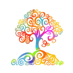 Graphic rainbow beautiful abstract tree with butterflies. . Vector illustration