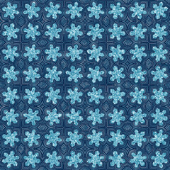 Crystal snowflakes made from blue ice. Seamless pattern. New Year and Christmas mood.
