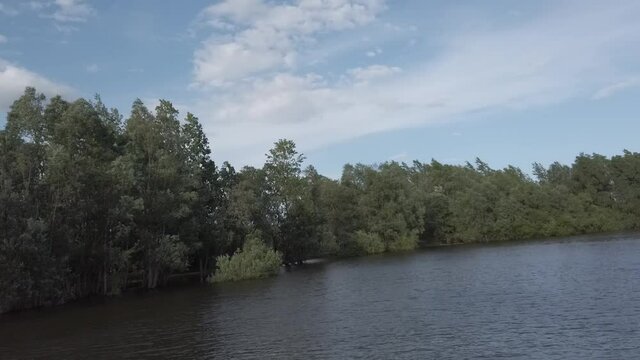 Steadicam shot from left side of sailing speed boat on the river with with some splashing water and forest on the water. Partly cloudy