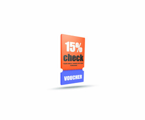 Cash back on the check with the promotion of the coupon code. 3D check with a 15% discount on various products. Black Friday big discounts. Creative design template on white background