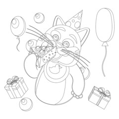 The cat eats a cake and celebrates his birthday. Vector illustration coloring book.